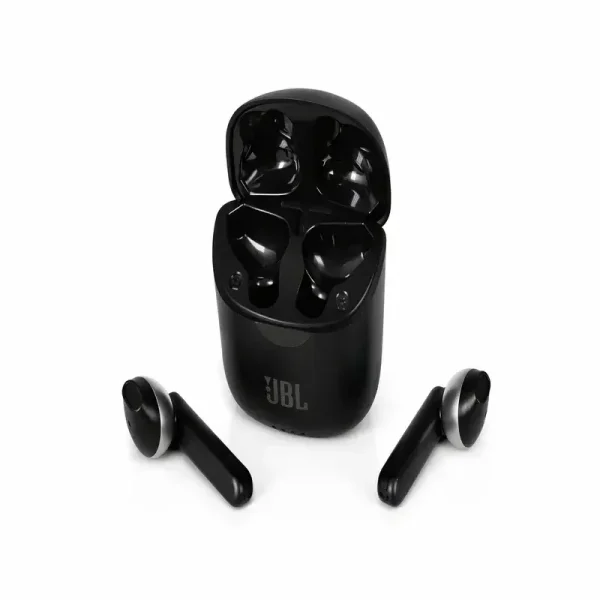 Audífonos inalámbricos JBL negros con estuche de carga, diseño moderno y compacto para música y llamadas.